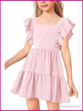 Square Neck Ruffle Sleeve A-line Swing Mini Dress 5-14Y